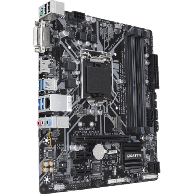 Мат. плата Socket1151 GIGABYTE Z370M DS3H (iZ370, 4xDDR4, M.2, SATA III, RAID, PCI-E, DVI, HDMI, 1Гбит LAN, USB3.1, mATX)