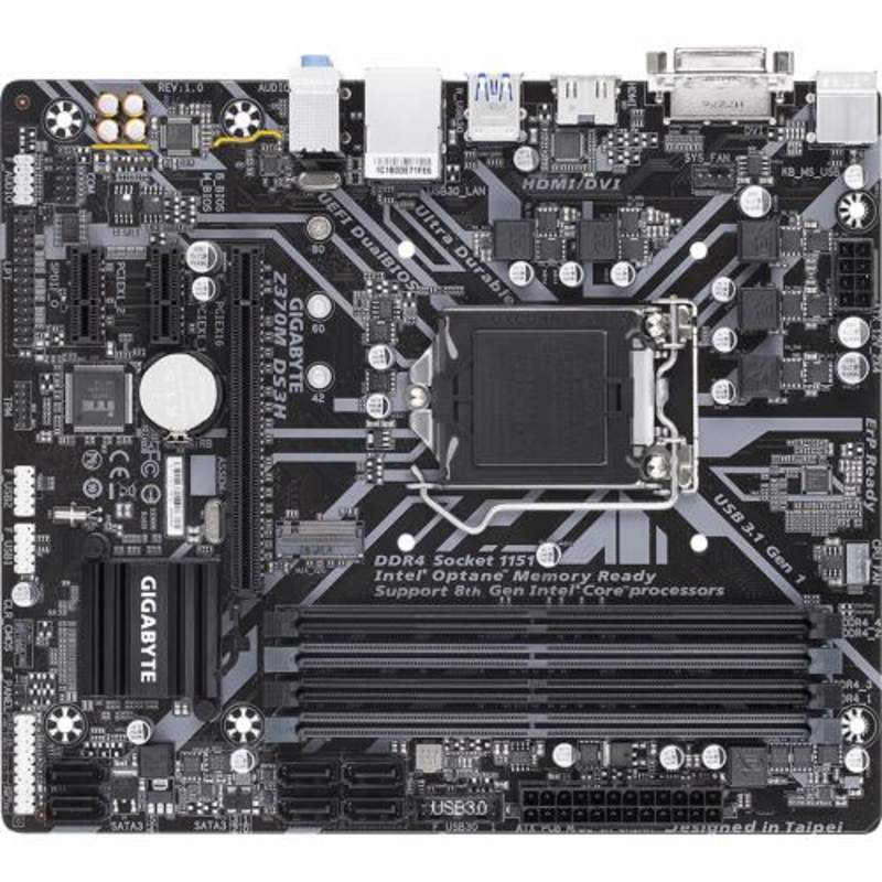 Мат. плата Socket1151 GIGABYTE Z370M DS3H (iZ370, 4xDDR4, M.2, SATA III, RAID, PCI-E, DVI, HDMI, 1Гбит LAN, USB3.1, mATX)