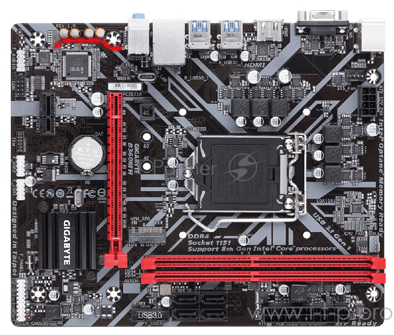Мат. плата Socket1151 GIGABYTE B360M H (iB360, 2xDDR4, M.2, SATA III, PCI-E, D-Sub, HDMI, 1Гбит LAN, USB3.1, mATX)