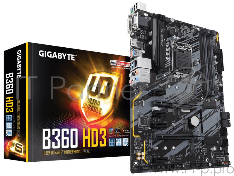 Мат. плата Socket1151 GIGABYTE B360 HD3 (iB360, 4xDDR4, M.2, SATA III, 2xPCI-E, D-Sub, DVI, HDMI, 1Гбит LAN, USB3.1, ATX)