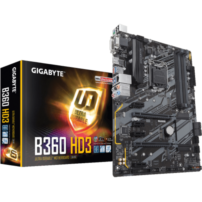 Мат. плата Socket1151 GIGABYTE B360 HD3 (iB360, 4xDDR4, M.2, SATA III, 2xPCI-E, D-Sub, DVI, HDMI, 1Гбит LAN, USB3.1, ATX)