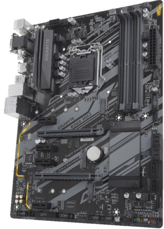 Мат. плата Socket1151 GIGABYTE B360 HD3 (iB360, 4xDDR4, M.2, SATA III, 2xPCI-E, D-Sub, DVI, HDMI, 1Гбит LAN, USB3.1, ATX)