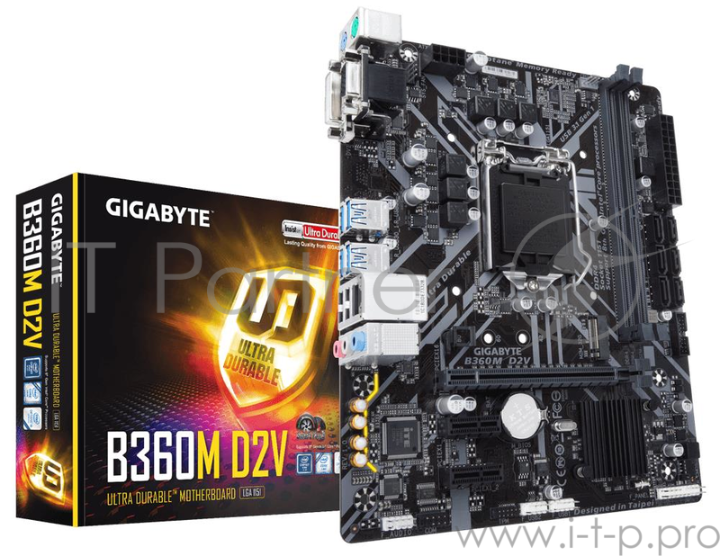 Мат. плата Socket1151 GIGABYTE B360M D2V (iB360, 2xDDR4, M.2, SATA III, PCI-E, D-Sub, DVI, 1Гбит LAN, USB3.1, mATX)