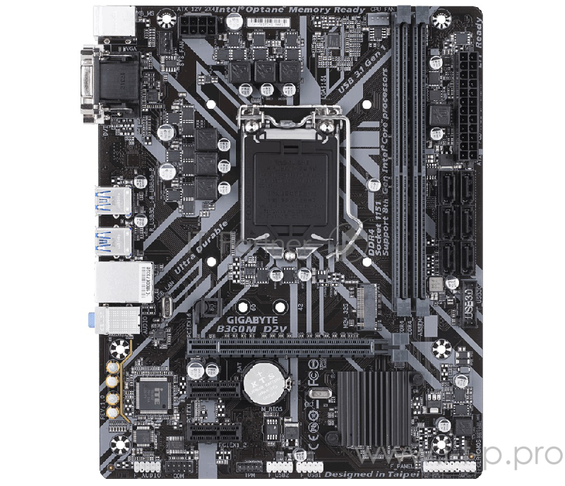 Мат. плата Socket1151 GIGABYTE B360M D2V (iB360, 2xDDR4, M.2, SATA III, PCI-E, D-Sub, DVI, 1Гбит LAN, USB3.1, mATX)