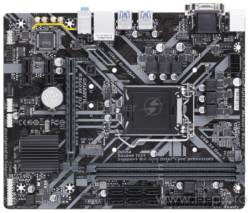 Мат. плата Socket1151 GIGABYTE B360M D2V (iB360, 2xDDR4, M.2, SATA III, PCI-E, D-Sub, DVI, 1Гбит LAN, USB3.1, mATX)