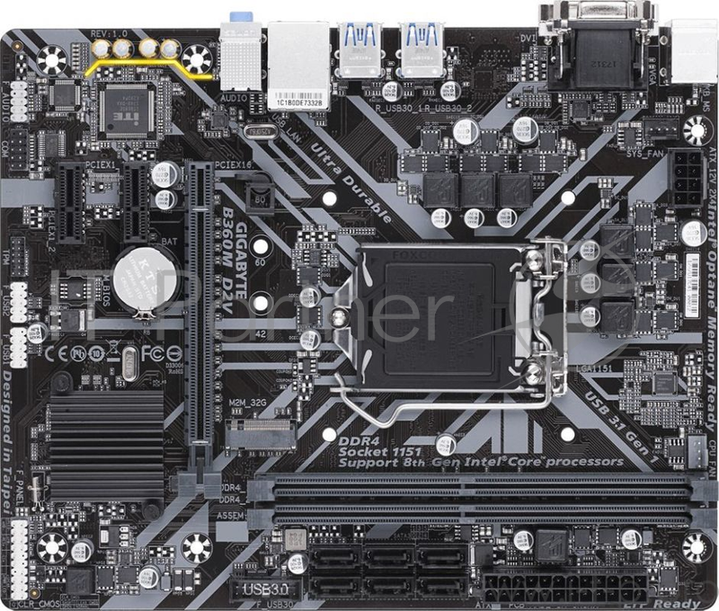 Мат. плата Socket1151 GIGABYTE B360M D2V (iB360, 2xDDR4, M.2, SATA III, PCI-E, D-Sub, DVI, 1Гбит LAN, USB3.1, mATX)