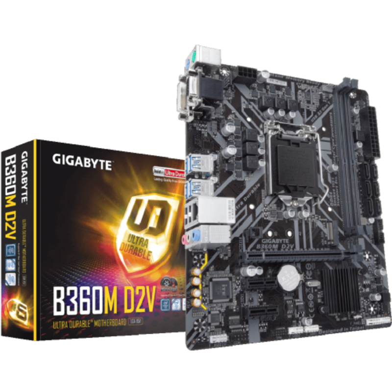 Мат. плата Socket1151 GIGABYTE B360M D2V (iB360, 2xDDR4, M.2, SATA III, PCI-E, D-Sub, DVI, 1Гбит LAN, USB3.1, mATX)