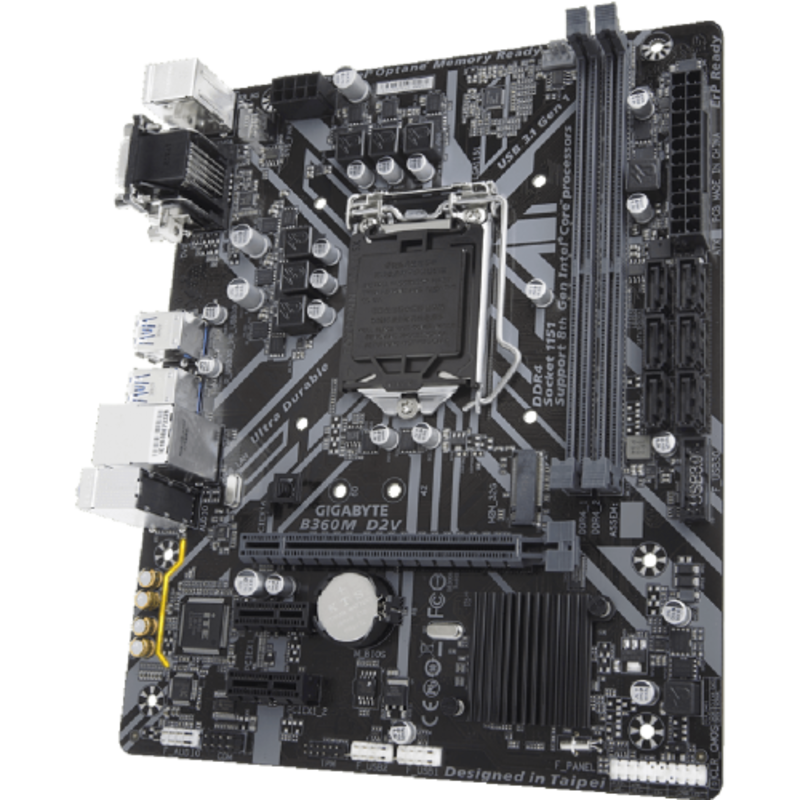 Мат. плата Socket1151 GIGABYTE B360M D2V (iB360, 2xDDR4, M.2, SATA III, PCI-E, D-Sub, DVI, 1Гбит LAN, USB3.1, mATX)