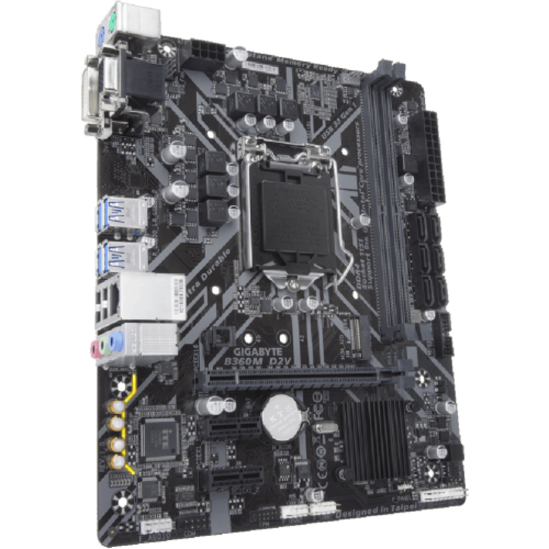 Мат. плата Socket1151 GIGABYTE B360M D2V (iB360, 2xDDR4, M.2, SATA III, PCI-E, D-Sub, DVI, 1Гбит LAN, USB3.1, mATX)