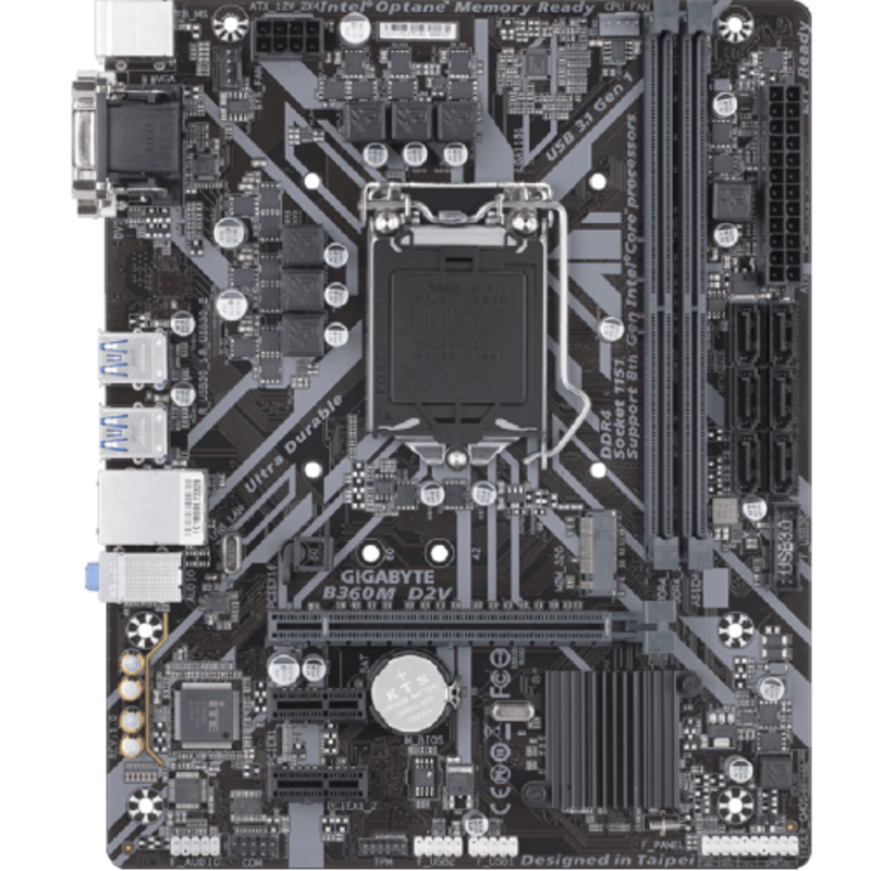 Мат. плата Socket1151 GIGABYTE B360M D2V (iB360, 2xDDR4, M.2, SATA III, PCI-E, D-Sub, DVI, 1Гбит LAN, USB3.1, mATX)
