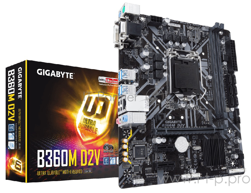 Мат. плата Socket1151 GIGABYTE B360M D2V (iB360, 2xDDR4, M.2, SATA III, PCI-E, D-Sub, DVI, 1Гбит LAN, USB3.1, mATX)