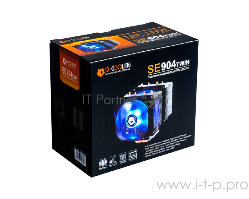 Устройство охлаждения(кулер) ID-Cooling SE-904TWIN 150W/Double fan/PWM/ Blue LED/ all Intel/AMD/Screws