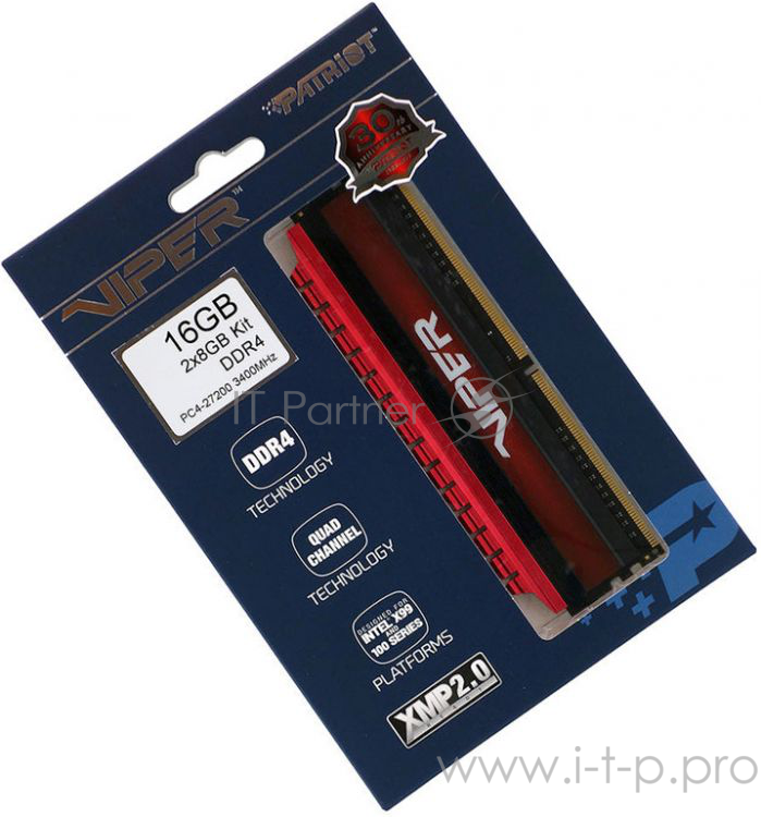 Память DDR4 PATRIOT 16Gb 2x8GB (pc-27200) 3400MHz Viper4 CL16 Red PV416G340C6K