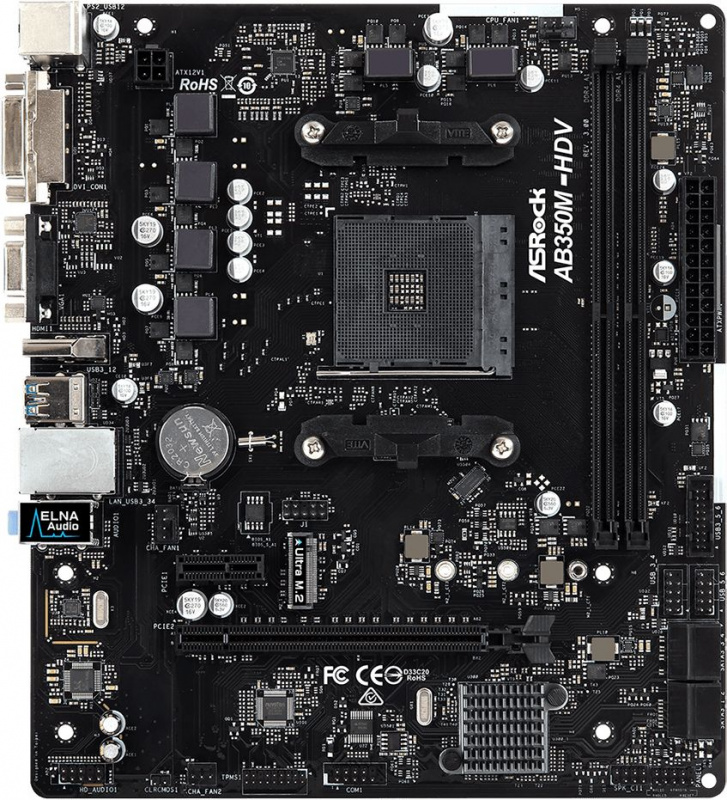 Мат. плата ASRock AB350M-HDV R3.0 AM4, AMD B350, 2xDDR4, PCI-Ex16, PCI-Ex1, HDMI, D-Sub, DVI, SATAI