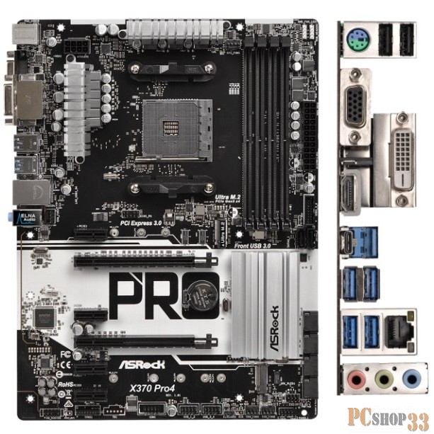 Мат. плата ASRock X370 Pro4 AM4, AMD X370, DDR4, 2xPCI-Ex16, 4xPCI-Ex1, HDMI, DVI, D-Sub, SATAIII,