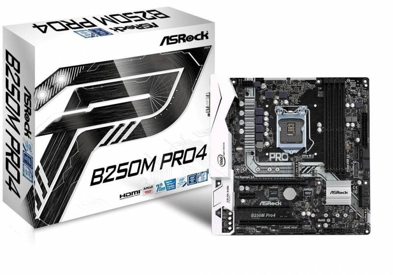 Материнская плата ASROCK B250M Pro4 LGA 1151, Intel B250, 4xDDR-4, 2xPCI-E, 7.1CH, 1000 Мбит/с, USB3.0, USB 3.1 Type-C, D-Sub, DVI, HDMI, mATX RTL