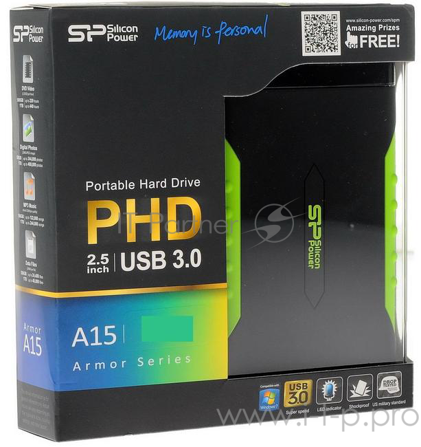 Жесткий диск Silicon Power USB 3.0 2Tb SP020TBPHDA15S3K A15 Armor 2.5 черный/зеленый