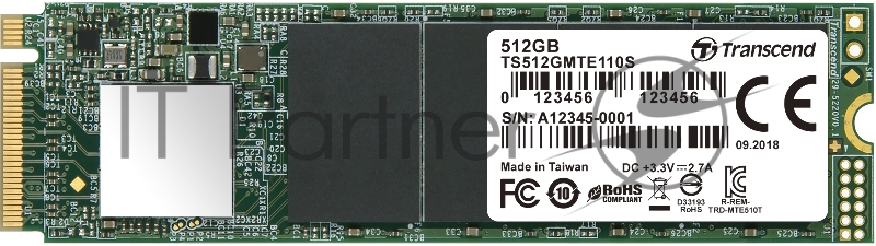 Твердотельный диск 512GB Transcend MTE110S, 3D TLC NAND, M.2 2280,PCIe Gen3x4, DRAM-less