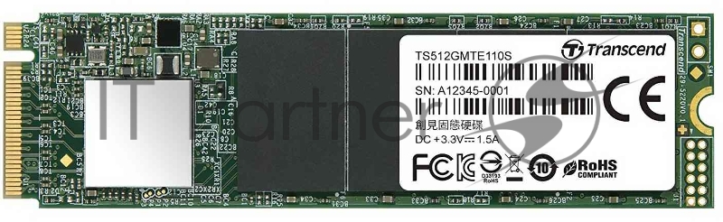 Твердотельный диск 512GB Transcend MTE110S, 3D TLC NAND, M.2 2280,PCIe Gen3x4, DRAM-less