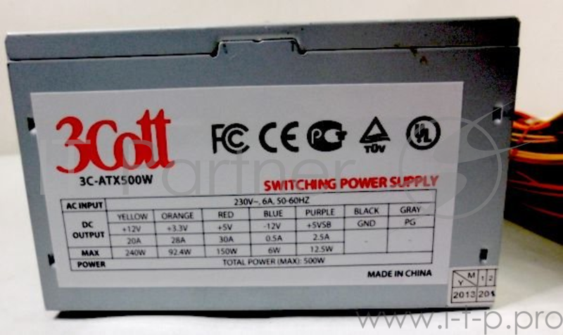 Блок питания 3Cott 3C-ATX500W, v.2.3, 500Вт, OEM, 20+4P, 1xP8 (4+4), 4x SATA, 2xIDE, 1x(P6+2) 12cm F