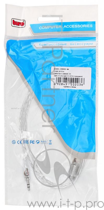 Кабель-удлинитель аудио Buro Jack 3.5 (m)/Jack 3.5 (f) 1м. прозрачный (CAB025-1M)
