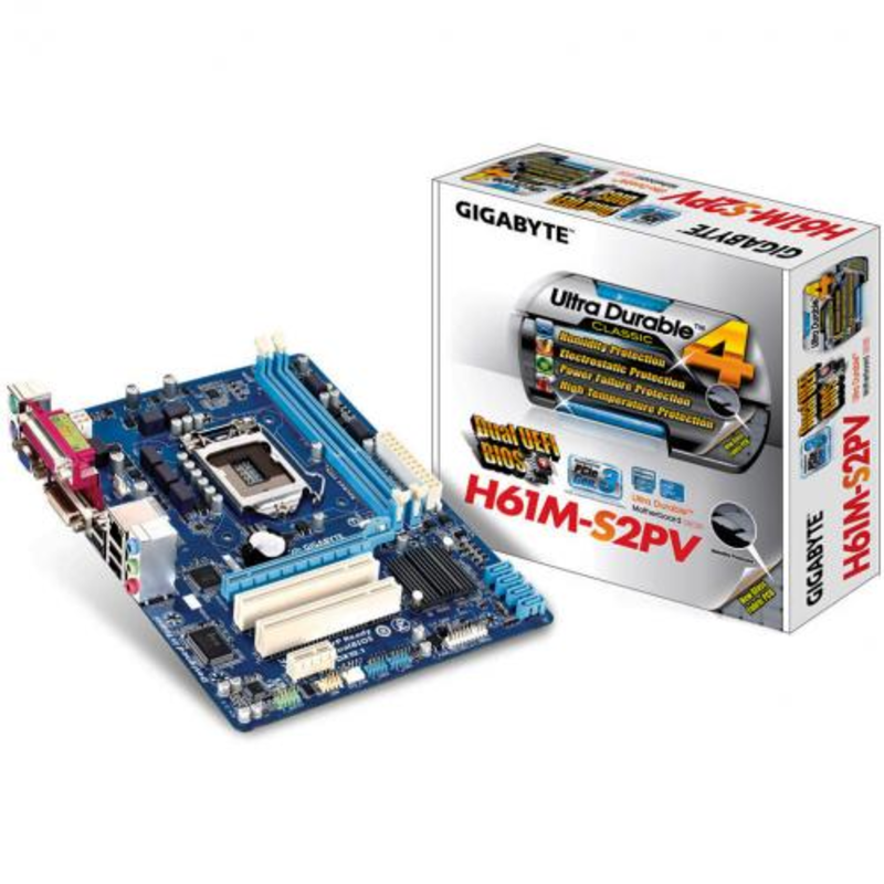 Мат. плата Socket1155 GIGABYTE GA-H61M-S2PV (iH61, 2xDDR3, SATA II, PCI-E, D-Sub, DVI, SB, 1Гбит LAN, USB2.0, mATX)
