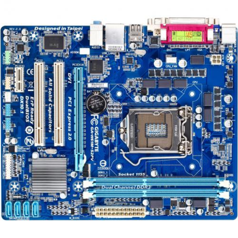 Мат. плата Socket1155 GIGABYTE GA-H61M-S2PV (iH61, 2xDDR3, SATA II, PCI-E, D-Sub, DVI, SB, 1Гбит LAN, USB2.0, mATX)