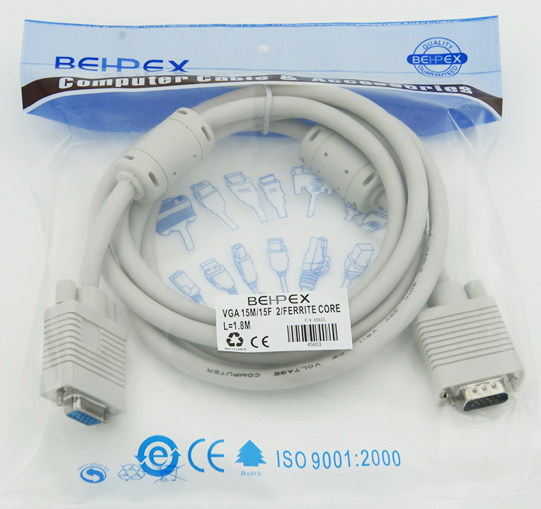 Кабель VGA Premium 15M/15F 1.8м удлинитель. Тройной экран, ферритовые кольца