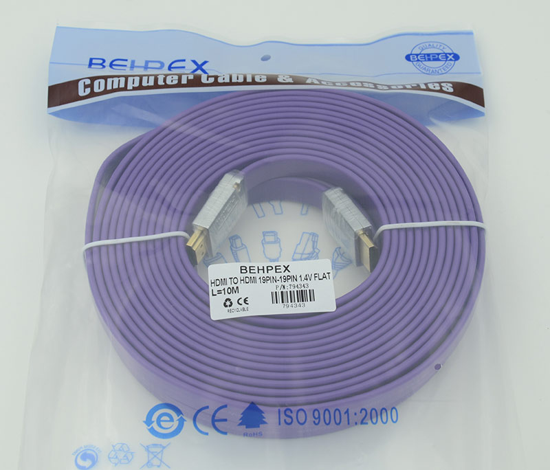 Кабель HDMI Ver.1.4 FLAT Purple jack HDMI(19pin)/HDMI(19pin) (10м) феррит.кольца Позолоченные контак