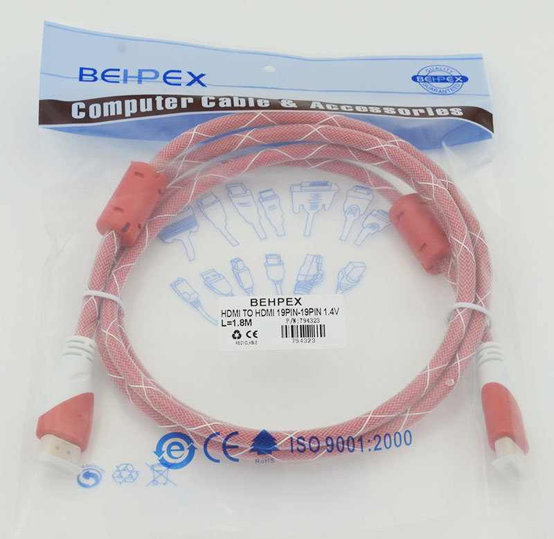 Кабель HDMI Ver.1.4 Red jack HDMI(19pin)/HDMI(19pin) (1.8м) феррит.кольца Позолоченные контакты