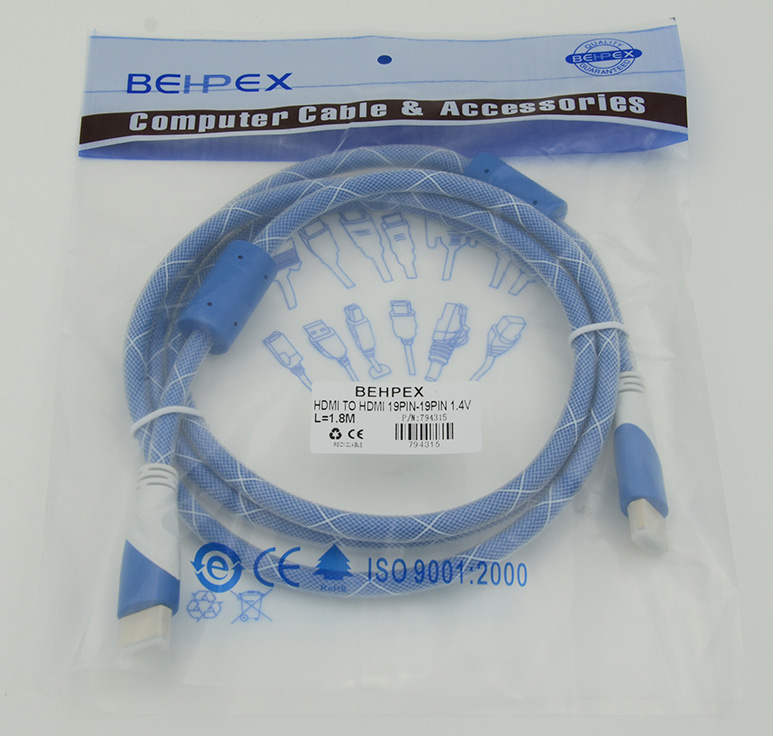 Кабель HDMI Ver.1.4 Blue/white jack HDMI(19pin)/HDMI(19pin) (1.8м) феррит.кольца Позолоченные контак