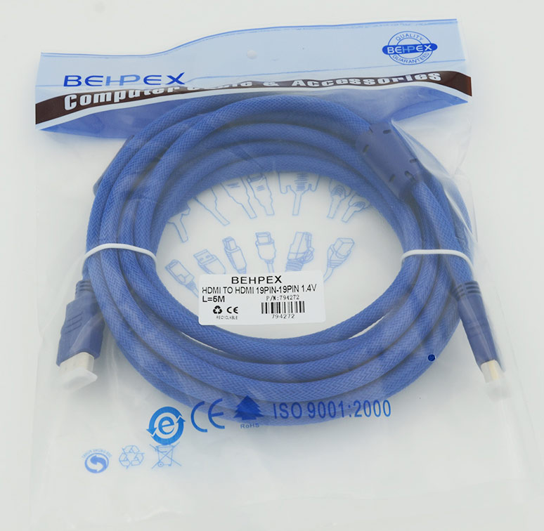 Кабель HDMI Ver.1.4 Blue jack HDMI(19pin)/HDMI(19pin) (5м) феррит.кольца Позолоченные контакты