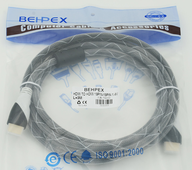 Кабель HDMI Ver.1.4 Black jack HDMI(19pin)/HDMI(19pin) (3м) феррит.кольца Позолоченные контакты