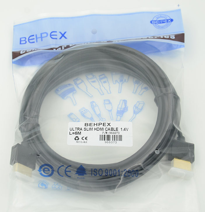 Кабель HDMI Gold Plated Connector, Ver1.4, Ultra Slim HDMI(19pin)/HDMI(19pin) (5м) феррит.кольца Поз