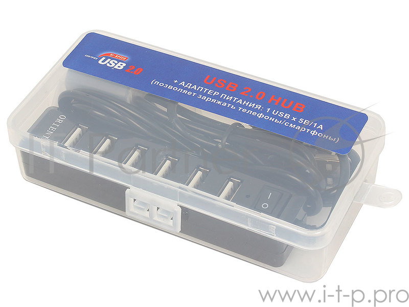 Концентратор USB 2.0 ORIENT KE-720, USB 2.0 HUB 7 Ports, c блоком питания-зарядником 1xUSB (5В, 1А),