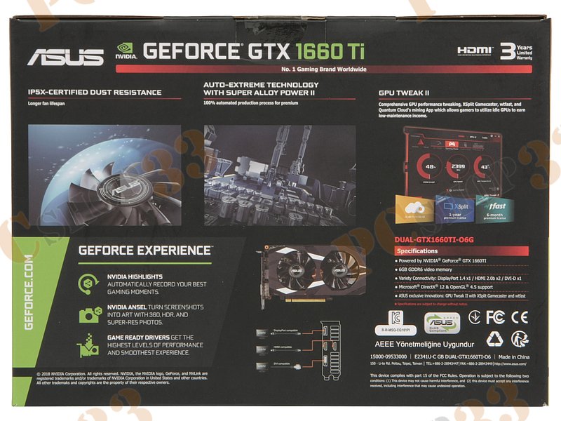 Видеокарта ASUS GeForce GTX 1660 Ti 6ГБ DUAL-GTX1660TI-O6G (GeForce GTX 1660 Ti, DDR6, DVI, 2xHDMI, DP) (PCI-E)