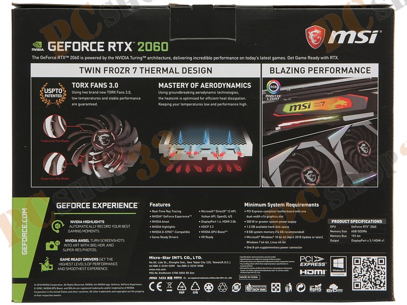 Видеокарта MSI GeForce RTX 2060 GAMING Z 6G 6ГБ (GeForce RTX 2060, DDR6, HDMI, 3xDP) (PCI-E)