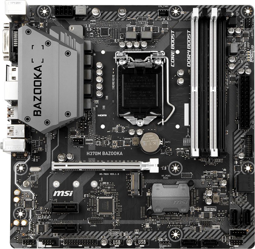 Материнская плата MSI H370M BAZOOKA Socket 1151v2, Intel H370, 4xDDR-4, 7.1CH, 1000 Мбит/с, USB3.1, USB 3.1 Type-C, DVI, HDMI, mATX, Retail