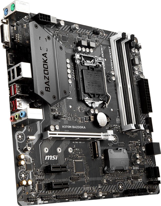 Материнская плата MSI H370M BAZOOKA Socket 1151v2, Intel H370, 4xDDR-4, 7.1CH, 1000 Мбит/с, USB3.1, USB 3.1 Type-C, DVI, HDMI, mATX, Retail