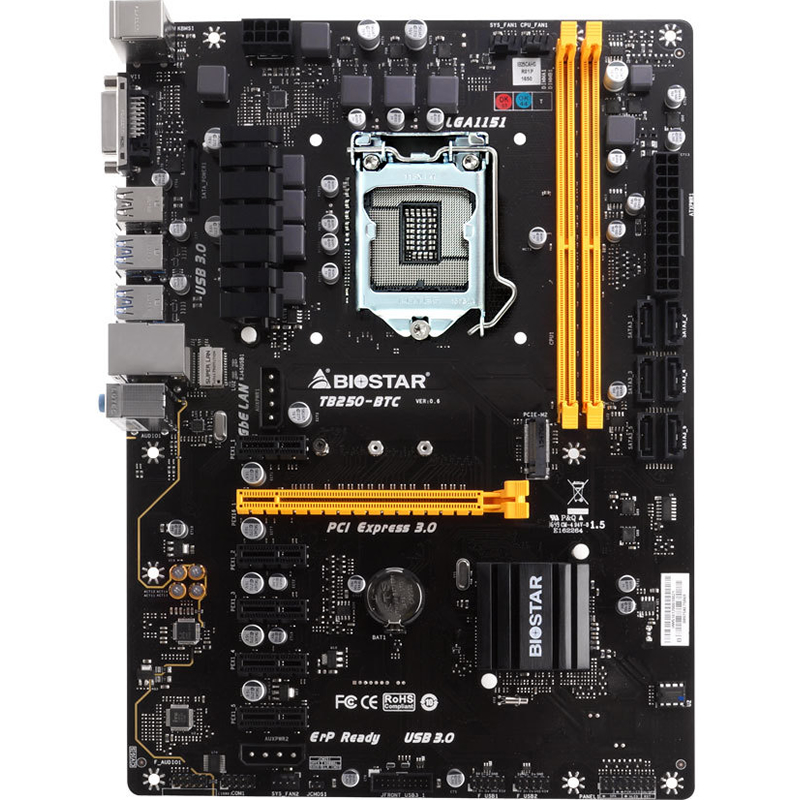 Материнская плата TB250-BTC, Socket 1151, Intel®B250, 2xDDR4-2133, DVI, 1xPCI-Ex16, 5xPCI-Ex1, 6xSATA3, 1xM.2, 8 Ch Audio, GLan, (4+2)xUSB2.0