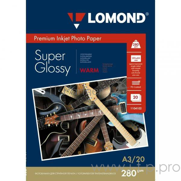 Фотобумага LOMOND Одностороняя Супер Глянцевая, 280г/м2, A3/20л.