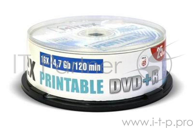 Диск DVD+R Mirex 4.7 Gb, 16x, Cake Box (25), Ink Printable (25/300)