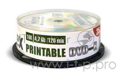 Диск DVD-R Mirex 4.7 Gb, 16x, Cake Box (25), Ink Printable (25/300)