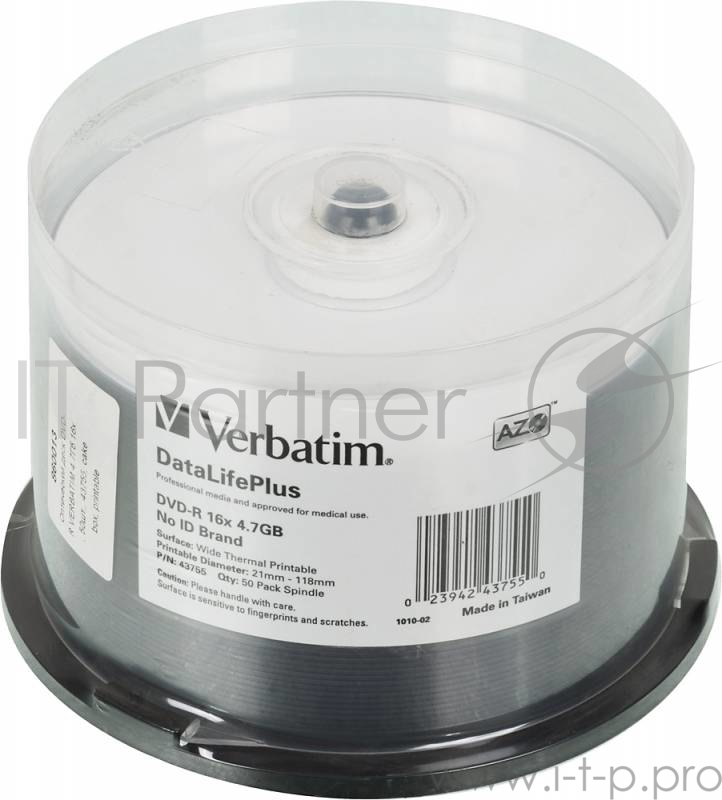 Диск DVD-R Verbatim 4.7Gb 16x Cake Box (50шт) Printable (43755)