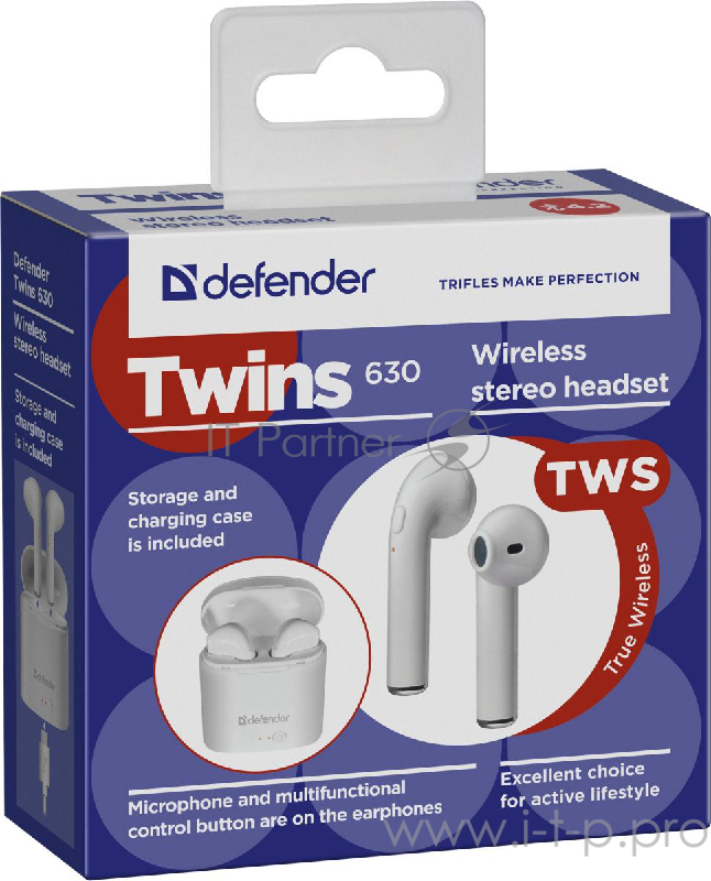 Гарнитура Defender Twins 630 белый,TWS, Bluetooth