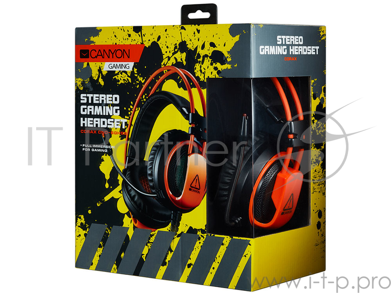 Гарнитура CANYON (3.5mm jack, USB, вибрация, микрофон,регулятор громкости,2M) чёрный-оранжевый (7XC