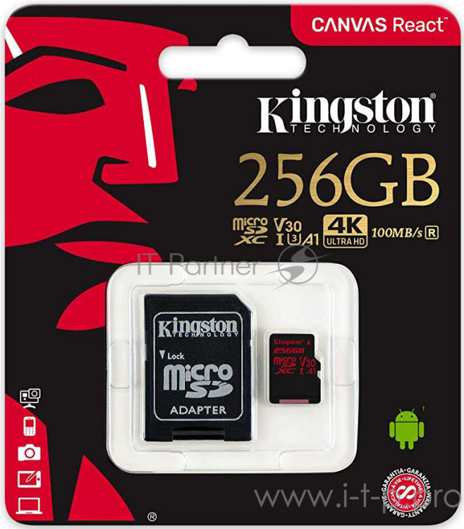 Флеш карта microSDXC 256Gb Class10 Kingston SDCR/256GB Canvas React + adapter