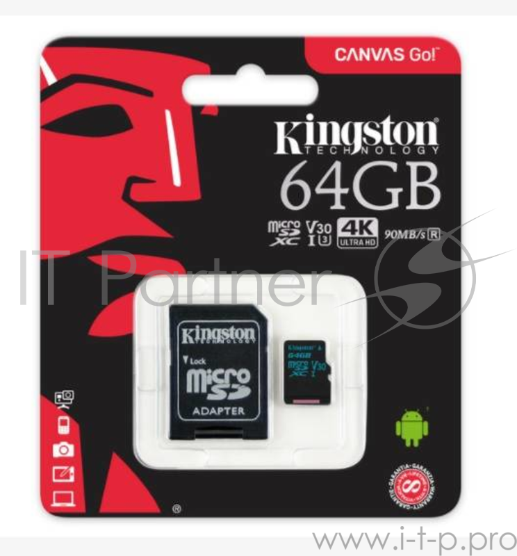 Флеш Карта MicroSD 64GB Kingston MicroSD Class UHS-I U3 V30 Canvas Go (SD адаптер) 45MB/s