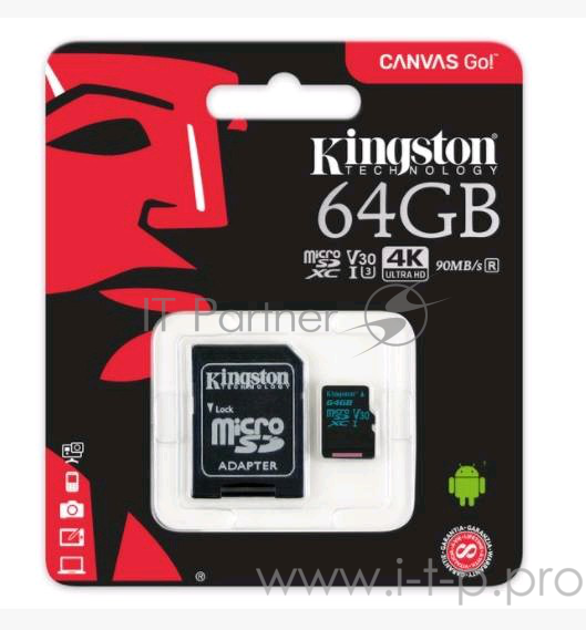 Флеш Карта MicroSD 64GB Kingston MicroSD Class UHS-I U3 V30 Canvas Go (SD адаптер) 45MB/s