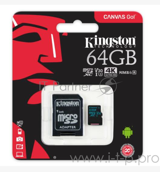 Флеш Карта MicroSD 64GB Kingston MicroSD Class UHS-I U3 V30 Canvas Go (SD адаптер) 45MB/s